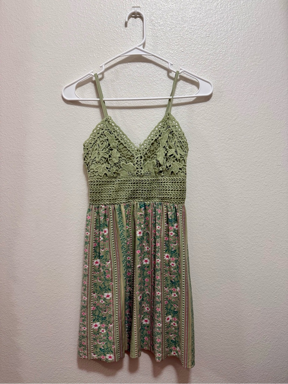 Derek Heart Sage Green Crochet Bodice Floral Mini Dress